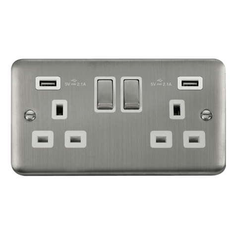 Curved Stainless Steel 2 Gang 13A DP Ingot 2 USB Twin Double Switched Plug Socket - White Trim - SE Home