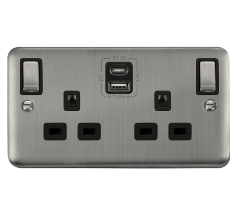 Curved Stainless Steel 2 Gang 13A DP Ingot Type A & C USB Twin Double Switched Plug Socket - Black Trim - SE Home
