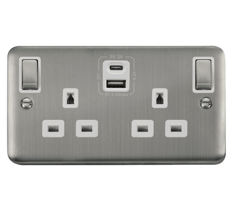 Curved Stainless Steel 2 Gang 13A DP Ingot Type A & C USB Twin Double Switched Plug Socket - White Trim - SE Home
