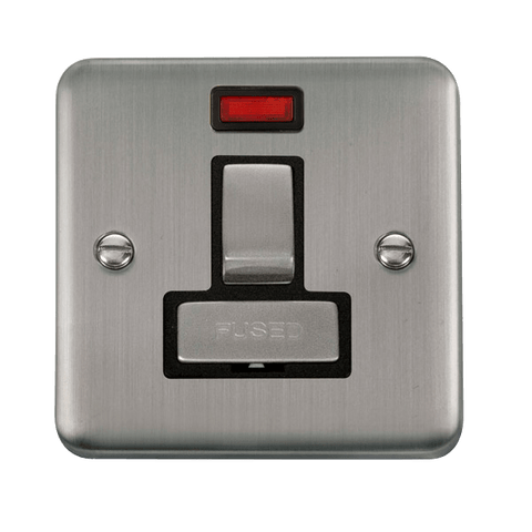 Curved Stainless Steel 13A Fused Ingot Connection Unit Switched With Neon - Black Trim - SE Home