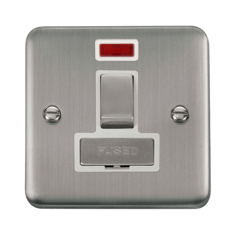 Curved Stainless Steel 13A Fused Ingot Connection Unit Switched With Neon - White Trim - SE Home