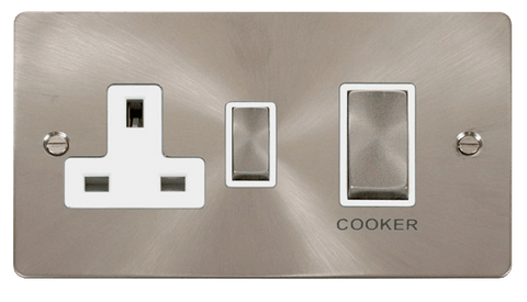 Flat Plate Satin Chrome Ingot 45A DP Switch + 13A Switched Plug Socket - White Trim - SE Home