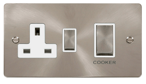 Flat Plate Satin Chrome Ingot 45A DP Switch + 13A Switched Plug Socket - White Trim