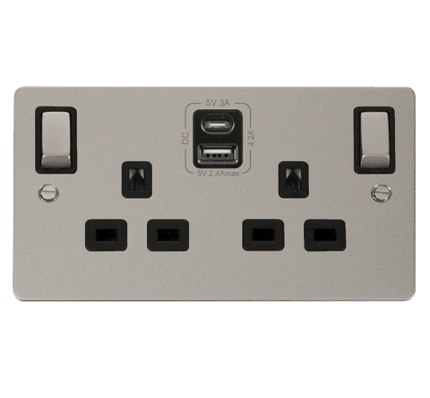 Flat Plate Pearl Nickel 2 Gang 13A DP Ingot Type A & C USB Twin Double Switched Plug Socket - Black Trim