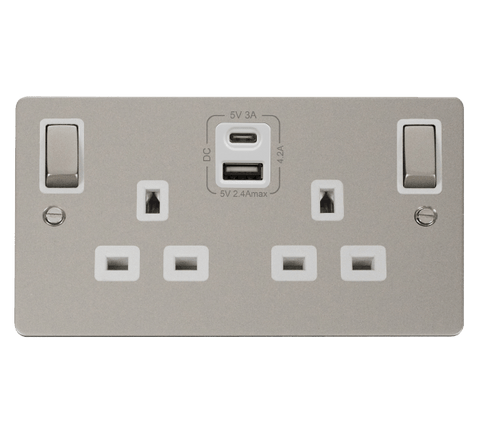 Flat Plate Pearl Nickel 2 Gang 13A DP Ingot Type A & C USB Twin Double Switched Plug Socket - White Trim