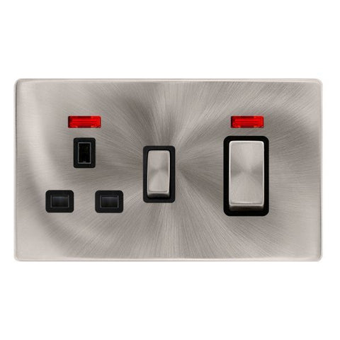 Screwless Plate Brushed Steel 50A Ingot Double Pole Switch With 13A Double Pole Switched Plug Socket + Neon -  Black Trim