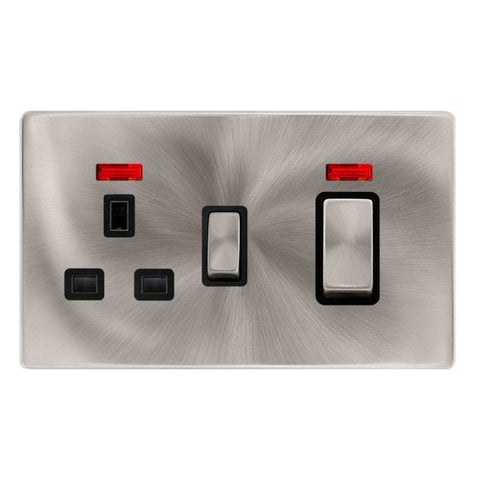 Screwless Plate Brushed Steel 50A Ingot Double Pole Switch With 13A Double Pole Switched Plug Socket + Neon - Black Trim - SE Home