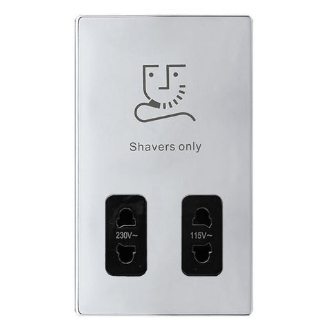 Screwless Plate Polished Chrome 115/230V Dual Voltage Shaver Socket - Black Trim - SE Home