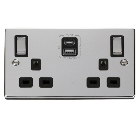 Polished Chrome 2 Gang 13A DP Ingot Type A & C USB Twin Double Switched Plug Socket - Black Trim - SE Home