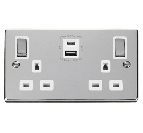 Polished Chrome 2 Gang 13A DP Ingot Type A & C USB Twin Double Switched Plug Socket - White Trim - SE Home