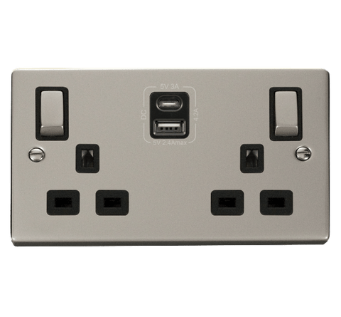 Pearl Nickel 2 Gang 13A DP Ingot Type A & C USB Twin Double Switched Plug Socket - Black Trim - SE Home