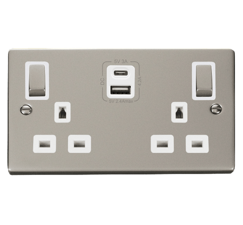 Pearl Nickel 2 Gang 13A DP Ingot Type A & C USB Twin Double Switched Plug Socket - White Trim