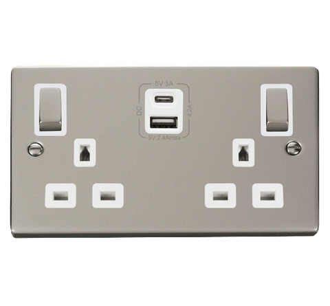 Pearl Nickel 2 Gang 13A DP Ingot Type A & C USB Twin Double Switched Plug Socket - White Trim - SE Home