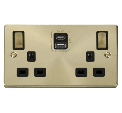 Satin Brass 2 Gang 13A DP Ingot Type A & C USB Twin Double Switched Plug Socket - Black Trim - SE Home