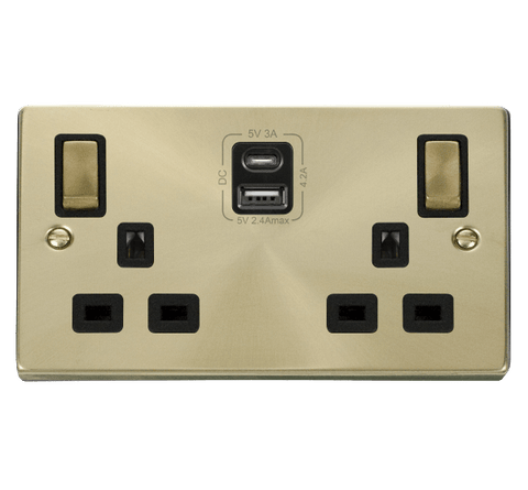 Satin Brass 2 Gang 13A DP Ingot Type A & C USB Twin Double Switched Plug Socket - Black Trim