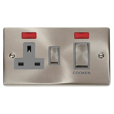 Satin Chrome - Black Inserts Satin Chrome Cooker Control Ingot 45A With 13A Switched Plug Socket & 2 Neons - Black Trim