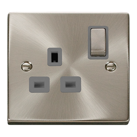 Satin Chrome 1 Gang 13A DP Ingot Switched Plug Socket - Grey Trim - SE Home