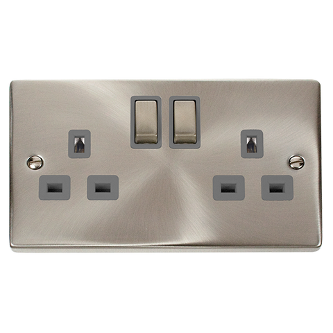 Satin Chrome 2 Gang 13A DP Ingot Twin Double Switched Plug Socket - Grey Trim - SE Home