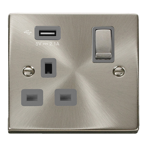 Satin Chrome 1 Gang 13A DP Ingot 1 USB Switched Plug Socket - Grey Trim - SE Home
