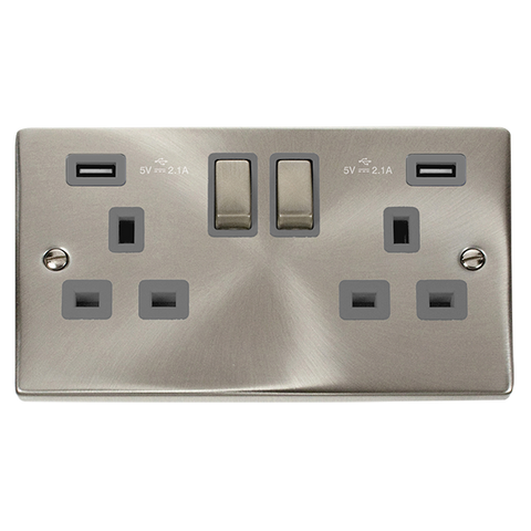Satin Chrome 2 Gang 13A DP Ingot 2 USB Twin Double Switched Plug Socket - Grey Trim - SE Home