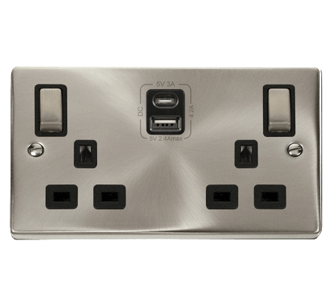 Satin Chrome 2 Gang 13A DP Ingot Type A & C USB Twin Double Switched Plug Socket - Black Trim - SE Home