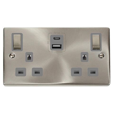 Satin Chrome 2 Gang 13A DP Ingot Type A & C USB Twin Double Switched Plug Socket - Grey Trim