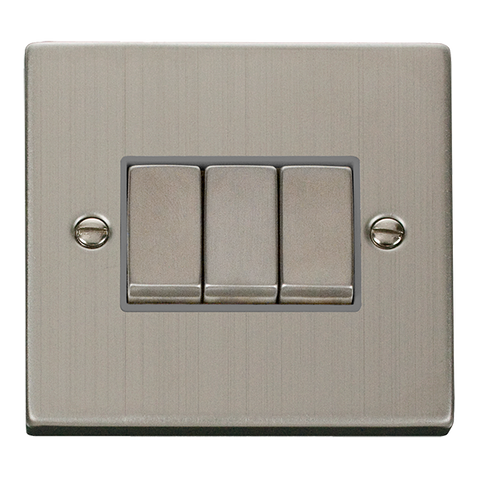 Stainless Steel 10A 3 Gang 2 Way Ingot Light Switch - Grey Trim