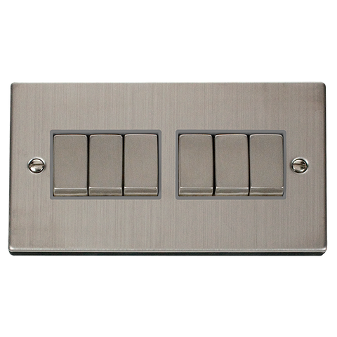 Stainless Steel 10A 6 Gang 2 Way Ingot Light Switch - Grey Trim