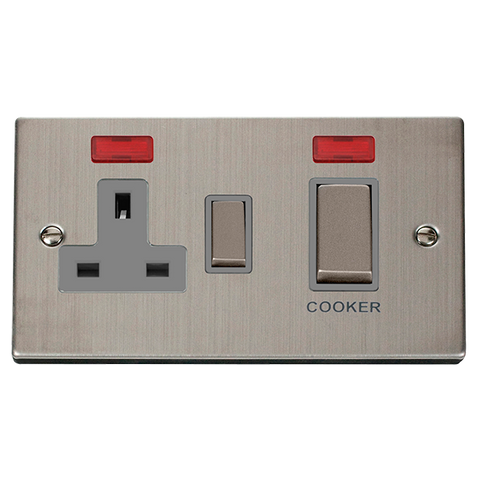 Stainless Steel Cooker Control Ingot 45A With 13A Switched Plug Socket & 2 Neons - Grey Trim