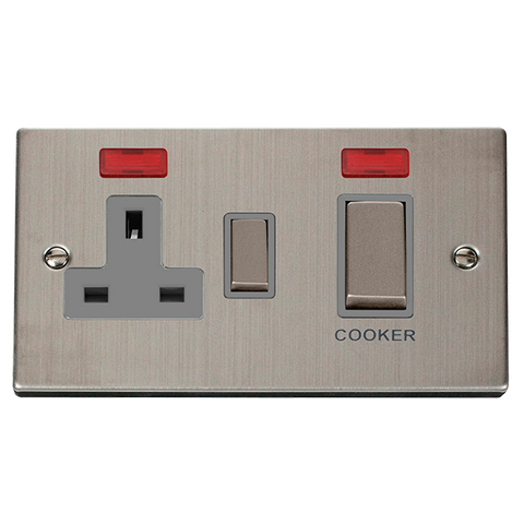 Stainless Steel Cooker Control Ingot 45A With 13A Switched Plug Socket & 2 Neons - Grey Trim - SE Home