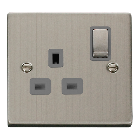 Stainless Steel 1 Gang 13A DP Ingot Switched Plug Socket - Grey Trim