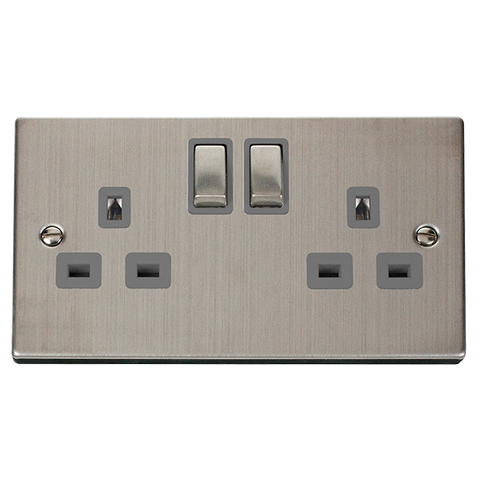 Stainless Steel 2 Gang 13A DP Ingot Twin Double Switched Plug Socket - Grey Trim - SE Home