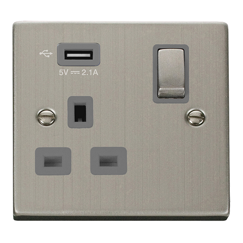 Stainless Steel 1 Gang 13A DP Ingot 1 USB Switched Plug Socket - Grey Trim - SE Home