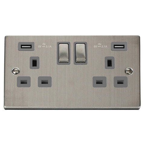 Stainless Steel 2 Gang 13A DP Ingot 2 USB Twin Double Switched Plug Socket - Grey Trim