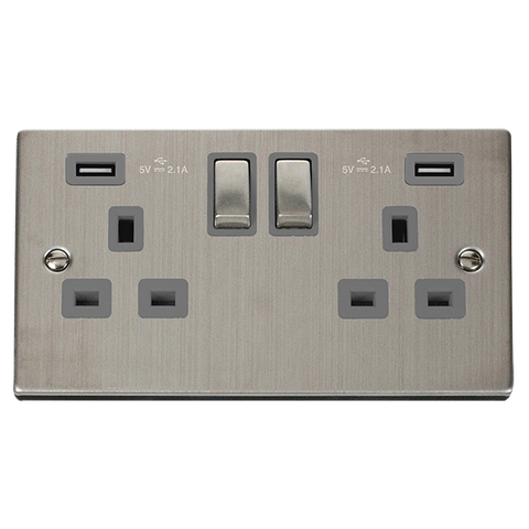 Stainless Steel 2 Gang 13A DP Ingot 2 USB Twin Double Switched Plug Socket - Grey Trim - SE Home