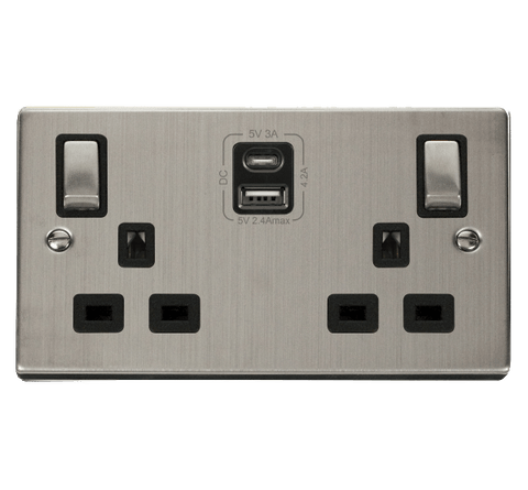 Stainless Steel 2 Gang 13A DP Ingot Type A & C USB Twin Double Switched Plug Socket - Black Trim - SE Home