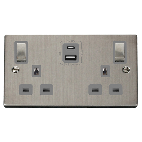 Stainless Steel 2 Gang 13A DP Ingot Type A & C USB Twin Double Switched Plug Socket - Grey Trim
