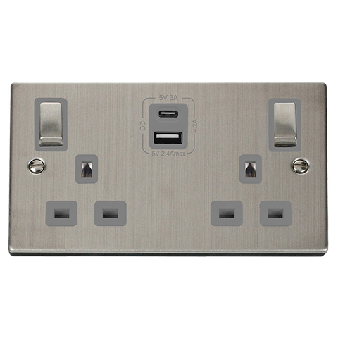 Stainless Steel 2 Gang 13A DP Ingot Type A & C USB Twin Double Switched Plug Socket - Grey Trim - SE Home
