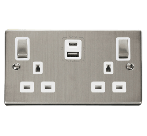 Stainless Steel 2 Gang 13A DP Ingot Type A & C USB Twin Double Switched Plug Socket - White Trim - SE Home