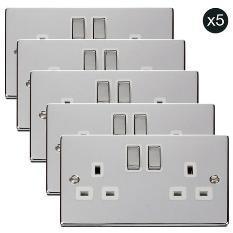 5 PACK - Polished Chrome 2 Gang 13A DP Ingot Twin Double Switched Plug Socket - White Trim - SE Home