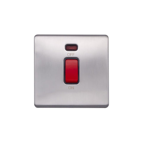 Screwless Raised - Brushed Chrome 45A 1 Gang Double Pole Switch, Single Plate - Black Trim - SE Home