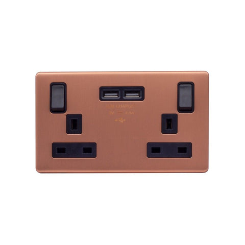 Screwless Raised - Brushed Copper 13A 2 Gang Switched DP Socket 2 x USB Outlet (4.8A) - Black Trim