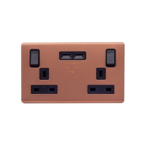 Screwless Raised - Brushed Copper 13A 2 Gang Switched DP Socket 2 x USB Outlet (4.8A) - Black Trim - SE Home