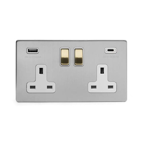 Screwless Fusion Brushed Chrome & Brushed Brass 13A 2 Gang Double Pole USB (USB 4.8amp) - USB A+C Socket Plug Socket White Trim - SE Home