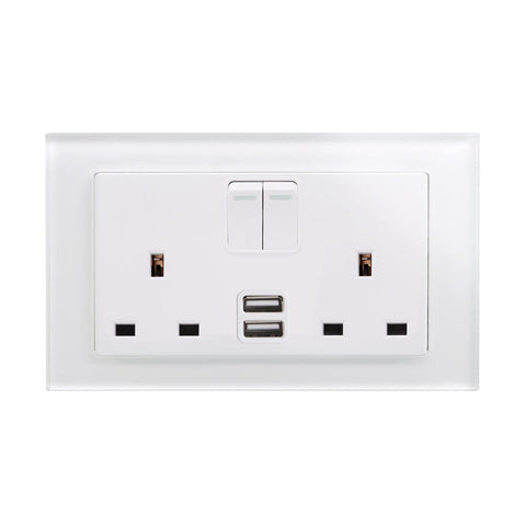 Crystal PG 2.1A USB & 13A DP Double Plug Socket with Switch White - SE Home