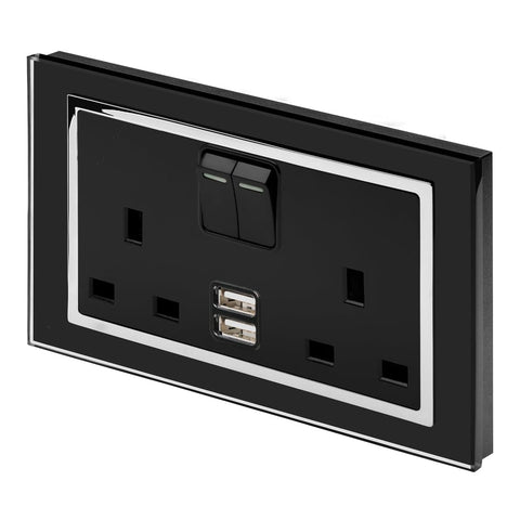 Crystal CT 2.1A USB & 13A DP Double Plug Socket with Switch Black - SE Home