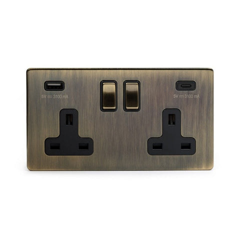 Screwless Antique Brass - Black Trim - Slim Plate Screwless Antique Brass 2 Gang (13A Socket + 2 USB Ports A+C 3.1A) USB A+C Plug Socket