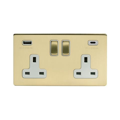 Screwless Brushed Brass - White Trim - Slim Plate Screwless Brushed Brass 2 Gang (13A Socket + 2 USB Ports A+C 3.1A) USB A+C Plug Socket