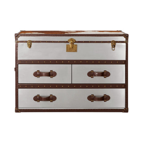 Kensington Townhouse 3 Drawer Cabinet In Stainless Steel WithBrown & White Genuine Cowhide - SE Home