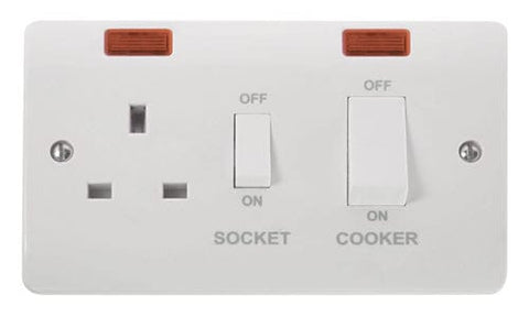 White 45A Cooker Switch With 13A DP Switched Socket Outlet And Neons - SE Home